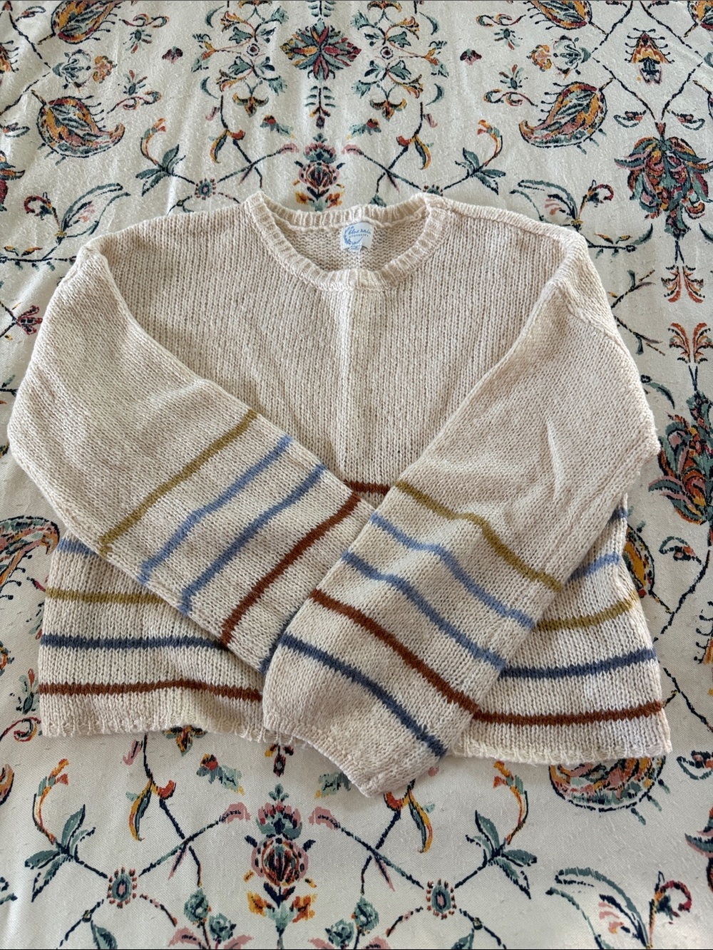 Blue Rain Cream Crewneck Sweater with Multi-Color Stripes